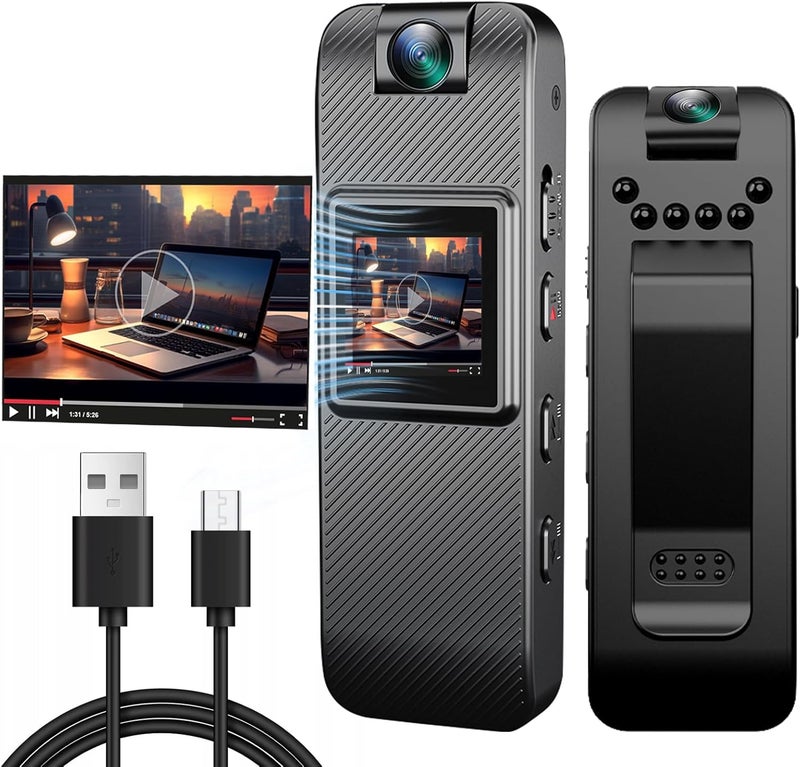 FUXGZ كاميرا جسم صغيرة HD 1080P مسجلة فيديو قابلة للارتداء، كاميرا أمان صغيرة مع رؤية ليلية شاشة 1.3 بوصة عدسة قابلة للدوران 180°، كاميرا جسم محمولة لإنفاذ القانون/الرياضة/التوصيل - Image 1